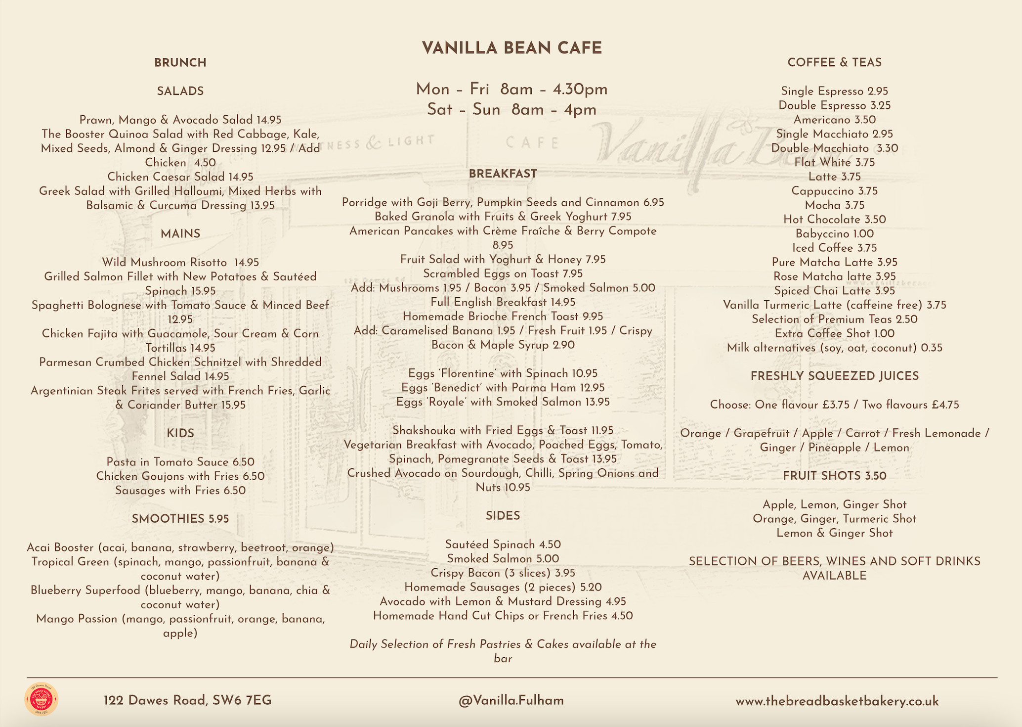 The Vanilla Bean Café menu